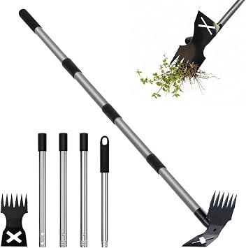 60" Weed Puller Tool with Long Handle, 2 in 1 Manual Weeder Remover Tool and Garden Hoe for Gardening, Heavy Duty Uprooting Weed Rake for Yard, Lawn, Patio and Garden