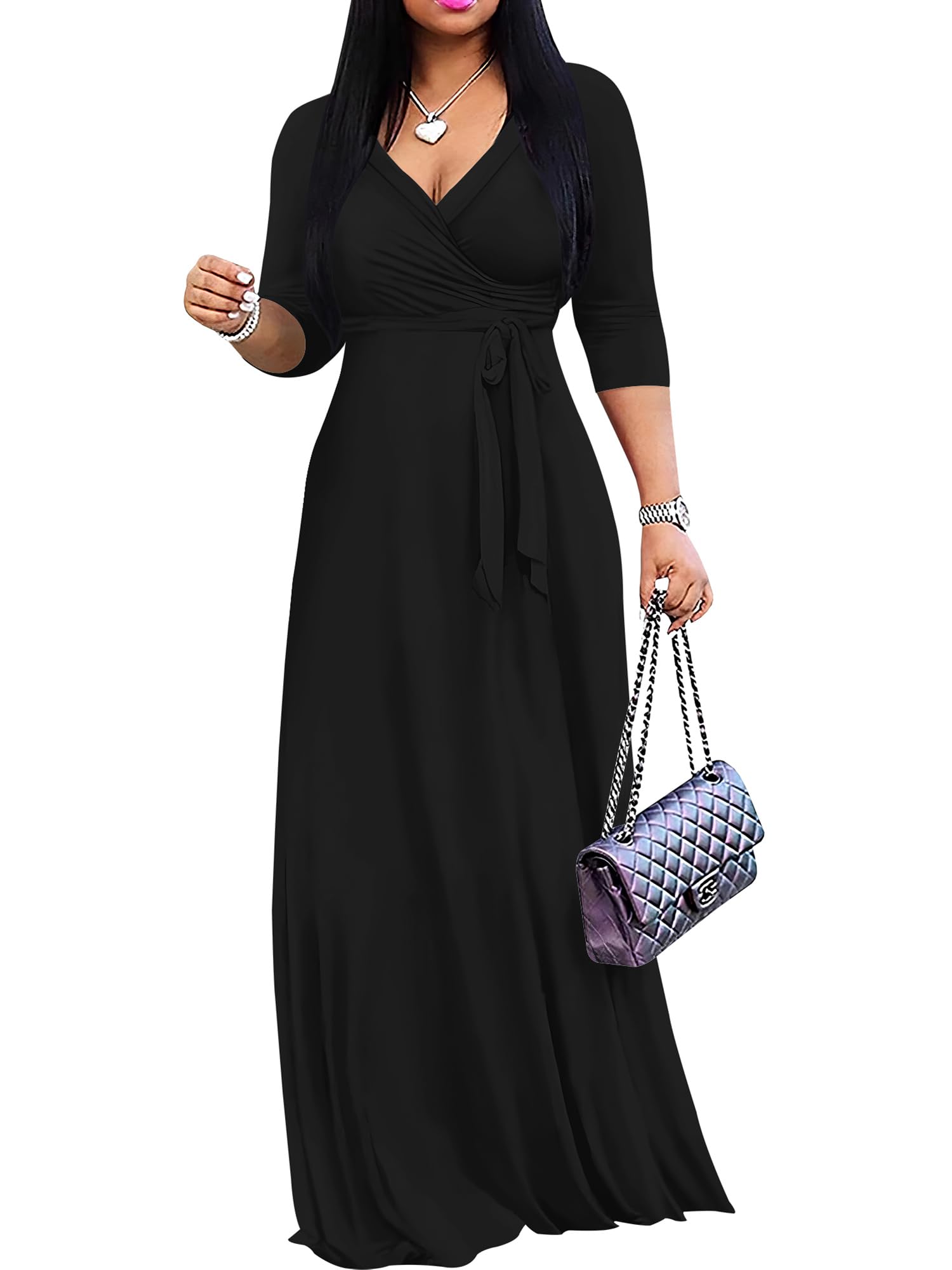 PinkPatty Women's Plus Size V Neck 3/4 Sleeve Boho Maxi Dress with Pockets | Boho printed maxi dress with pockets and tie waist for travel, vacations, weddings, church, parties, and daily wear