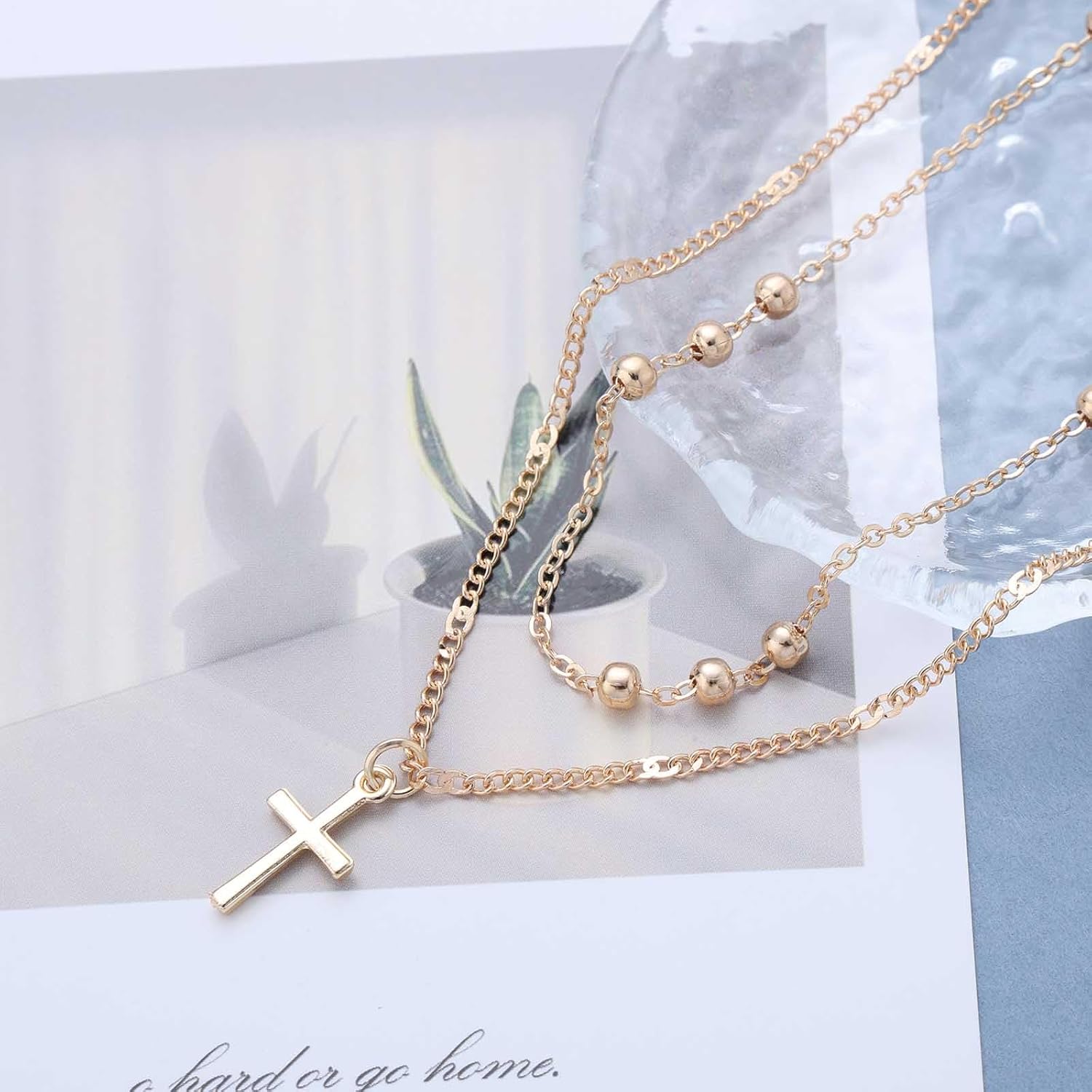Andelaisi Boho Layered Cross Pendant Necklace Vintage Cross Choker Necklace Gold Crucifix Ball Chain Necklaces Adjustable Crucifix Religious Christian Necklaces Jewelry for Women - Image 4
