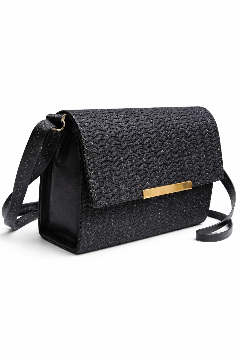 Black Woven Textured Crossbody Bag, Foldover Flap with Gold-Tone Hardware, Structured Shoulder Bag-image-0