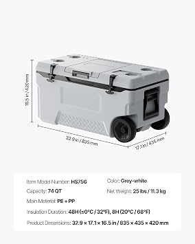 VEVOR Portable Cooler,Hard Cooler with Ice Retention, Heavy-Duty Handles and Strap, Lightweight Rigid Material Insulated Portable Cooler, Suitable for Family Picnics and Short Trips