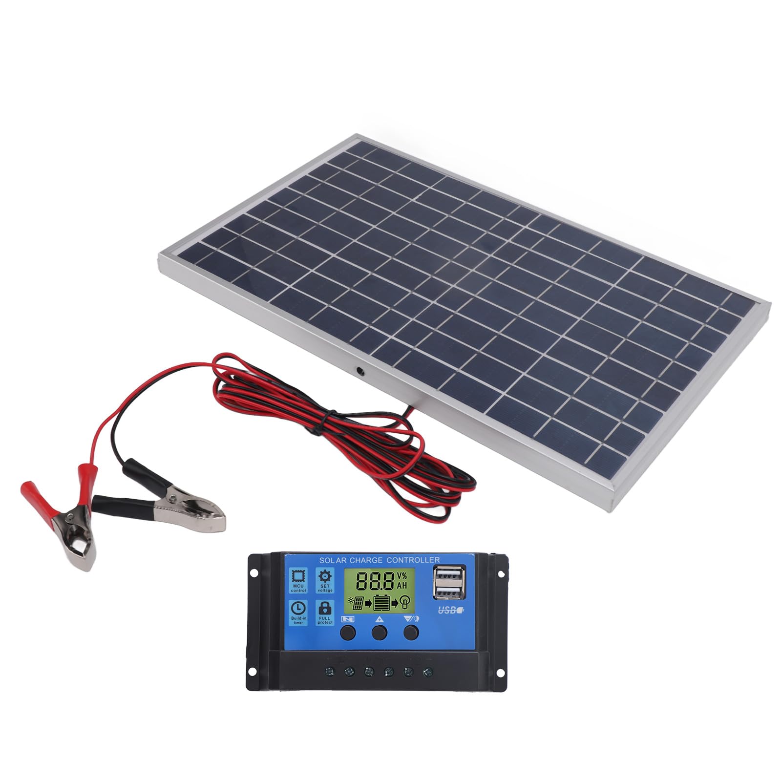 Caricatore a Batteria Solare, Caricatore Solare del Pannello della Batteria con Controller di Carica Policstalline da 10 W 12V Polycristalline IP65 Portable Portable 30A per Esterno