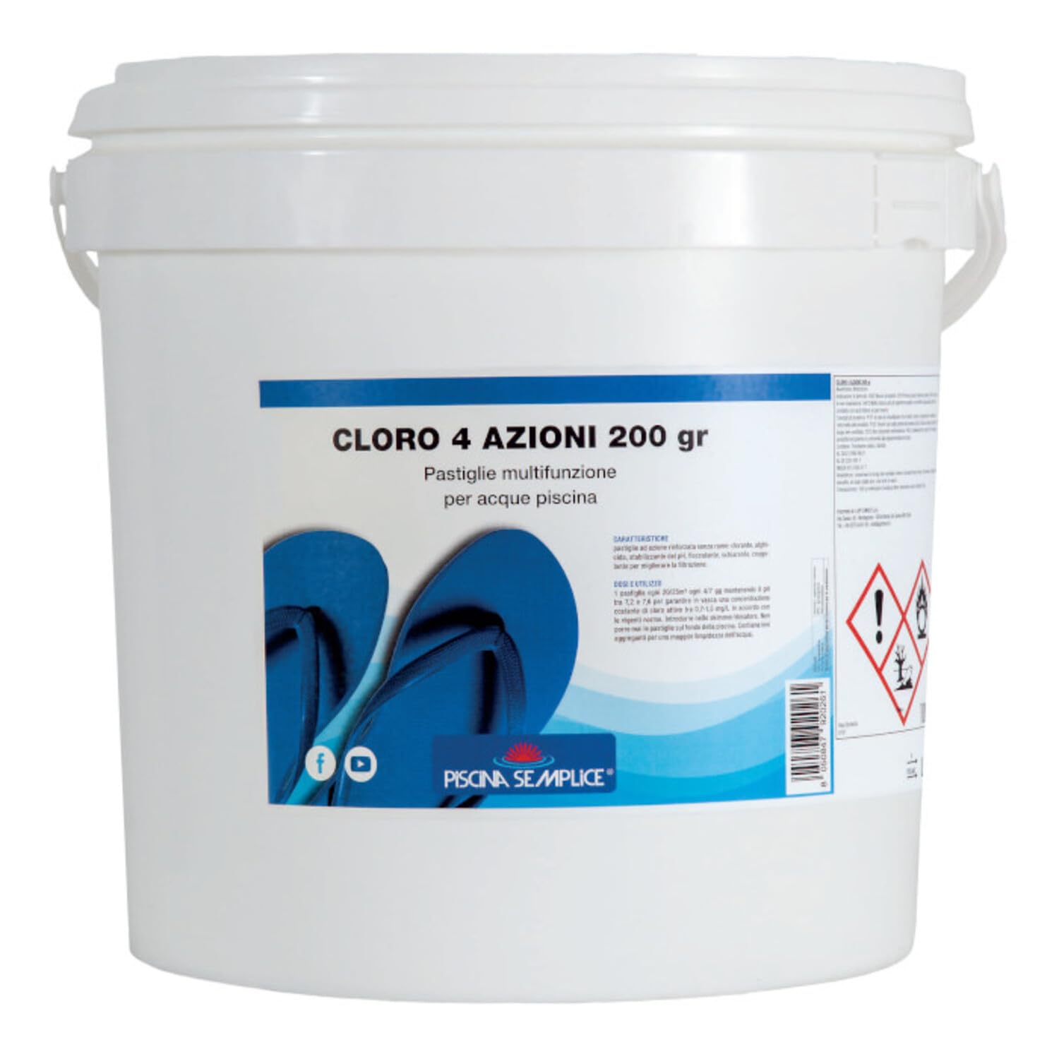 Piscina Semplice, Cloro 4 Azioni 200g, Trattamento Multi Azione senza Rame Per Acque Della Piscina, Azione Clorante, Antialghe, Stabilizzante del PH, Flocculante, Formato da 10 Kg