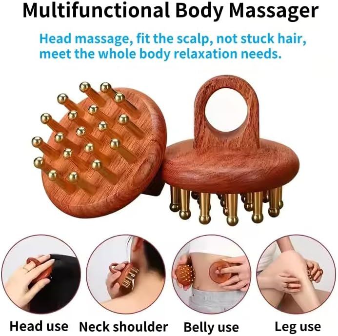 Miniatura 2 de Herramientas de masaje de terapia de madera, 19 dientes, cabeza de cobre, cepillo de presión meridiano de mano, relajación corporal y alivio del