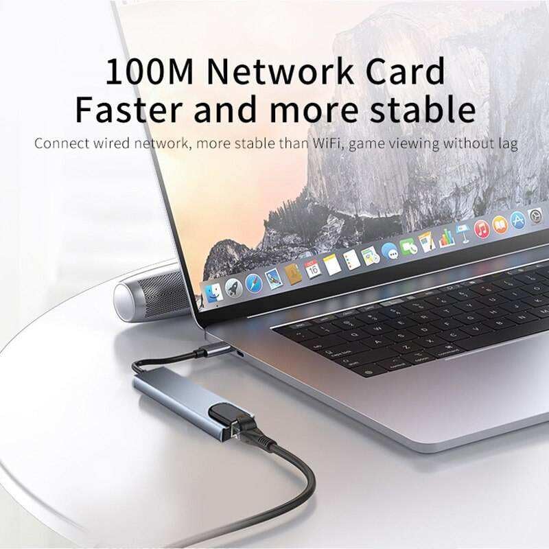 Image of Aluminum Mport 8 USB-C USB Hub /Docking Station(8-in-1) with 4K 30Hz HDMI, 100 Mbps Ethernet, USB 3.0, microSD /SD Card Reader, Type-C Data, PD Charging, USB 2.0, Type-C Plug for Laptop, Mac, PC