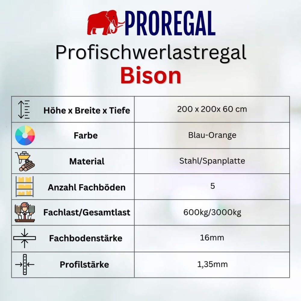 PROREGAL Mega Deal 2X Profi Schwerlastregal Bison, HxBxT 200x200x60cm mit Fachlast 600kg, 5 Fachböden, Blau-Orange, Steckregal Garagenregal Lagerregal Werkstattregal Weitspannregal