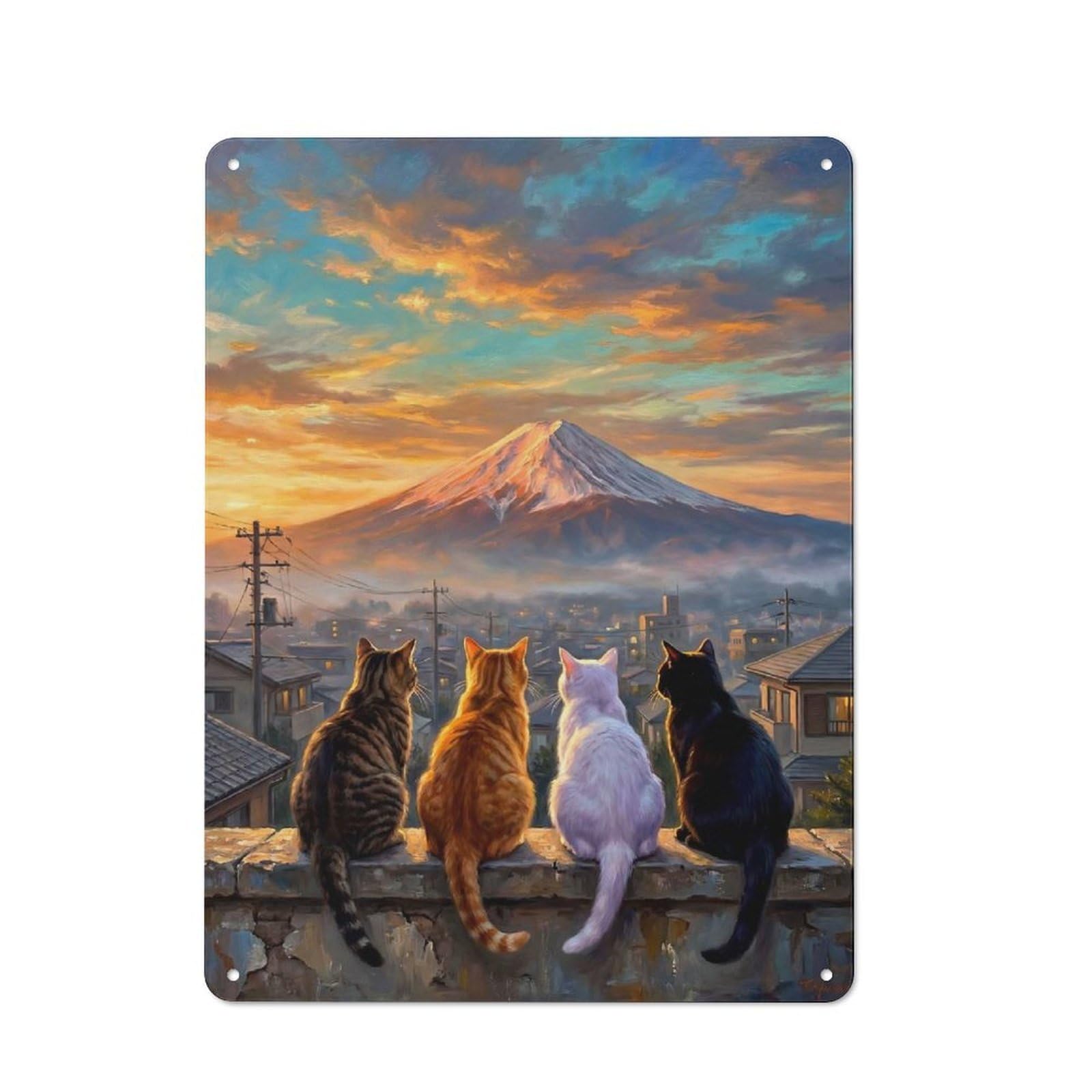 Junmoney Style-23 Industrial Team Cat Looking Sunset Mount Fuji Retro Metal Sign 40X30cm, Shed Wall Plaque For Garage, Workshop, Shed Or Utility Room