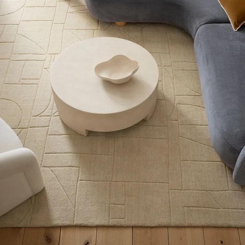 Hand Tufted Wool Area Rug, Sculpted Geometric Textured Design in Warm Camel Brown, Rectangular, Modern Minimalist Carpet for Living Room, Bedroom, Office