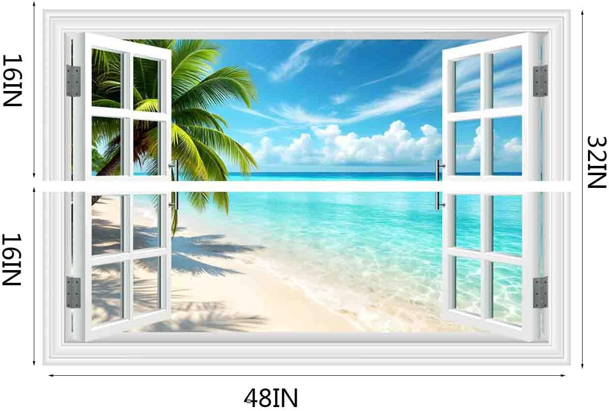 Fake Window Wall Sticker Decals -Summer Beach Ocean Tropical Palm Tree Faux Window Wall Art Poster Picture for Home Office Landscape Decor, Peel and Stick Seascape Natural Scenery Scene Mural, 48"x32"