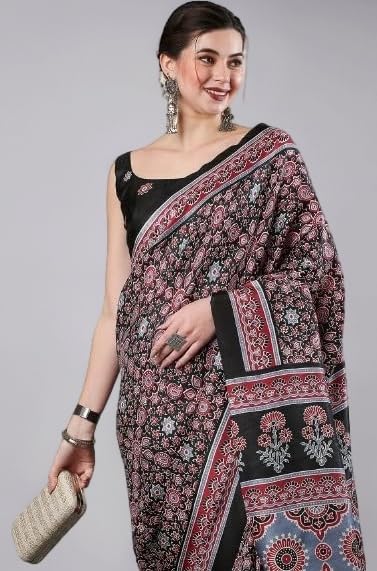 SAREE MALL Women's Ajrak Block Print Dola Silk Saree With Unstitched Blouse Piece