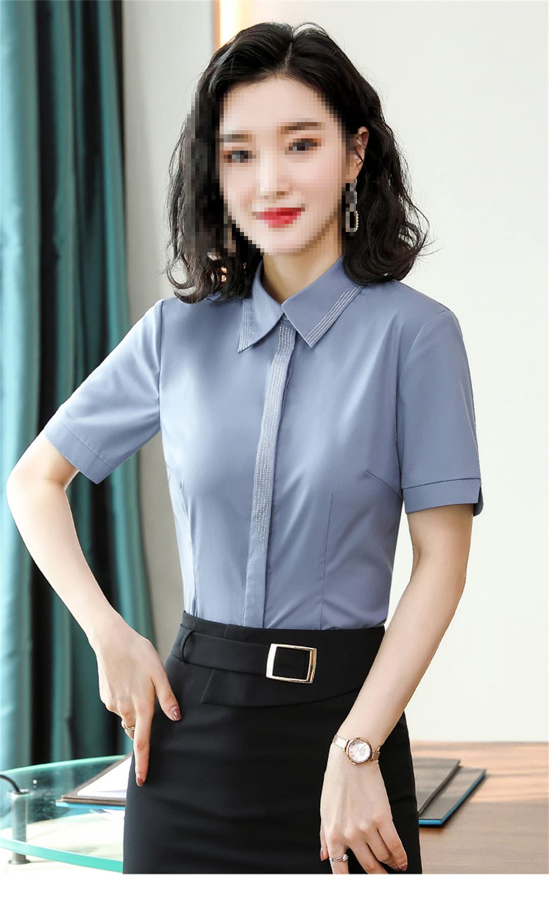 Camisa con Botones para Mujer Blusa de Negocios de Manga Corta con Cuello en V para el Trabajo Oficina Blusas Formales de Verano Navy Blue S