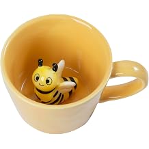 DIHOclub Ceramic Cup Hidden 3D Bee Inside Mug,Garden series Handmade Figurine Mugs 12OZ Yellow Bee