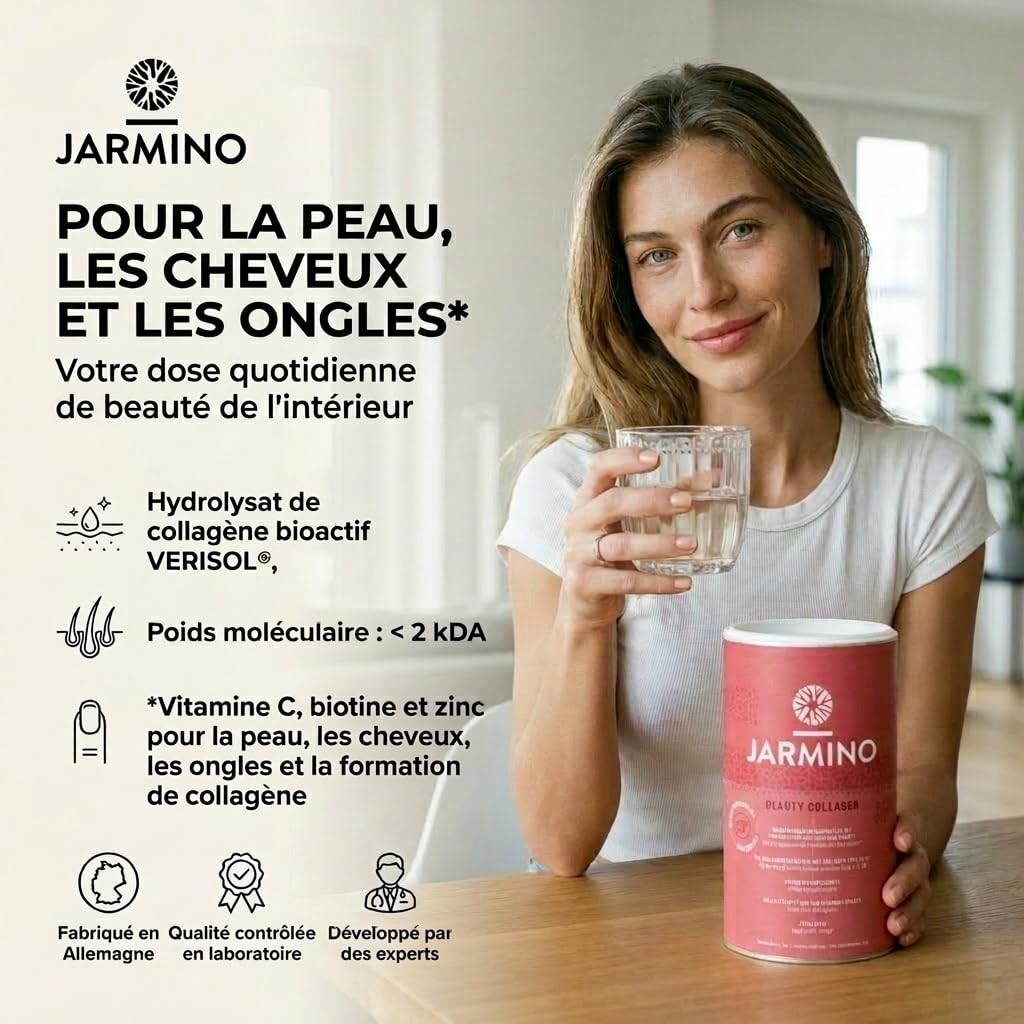 Poudre de collagène Beauty avec acide hyaluronique, vitamine C, biotine, zinc | Hydrolysat de collagène peptide type I, II et III| 450g de poudre | Collagène de JARMINO