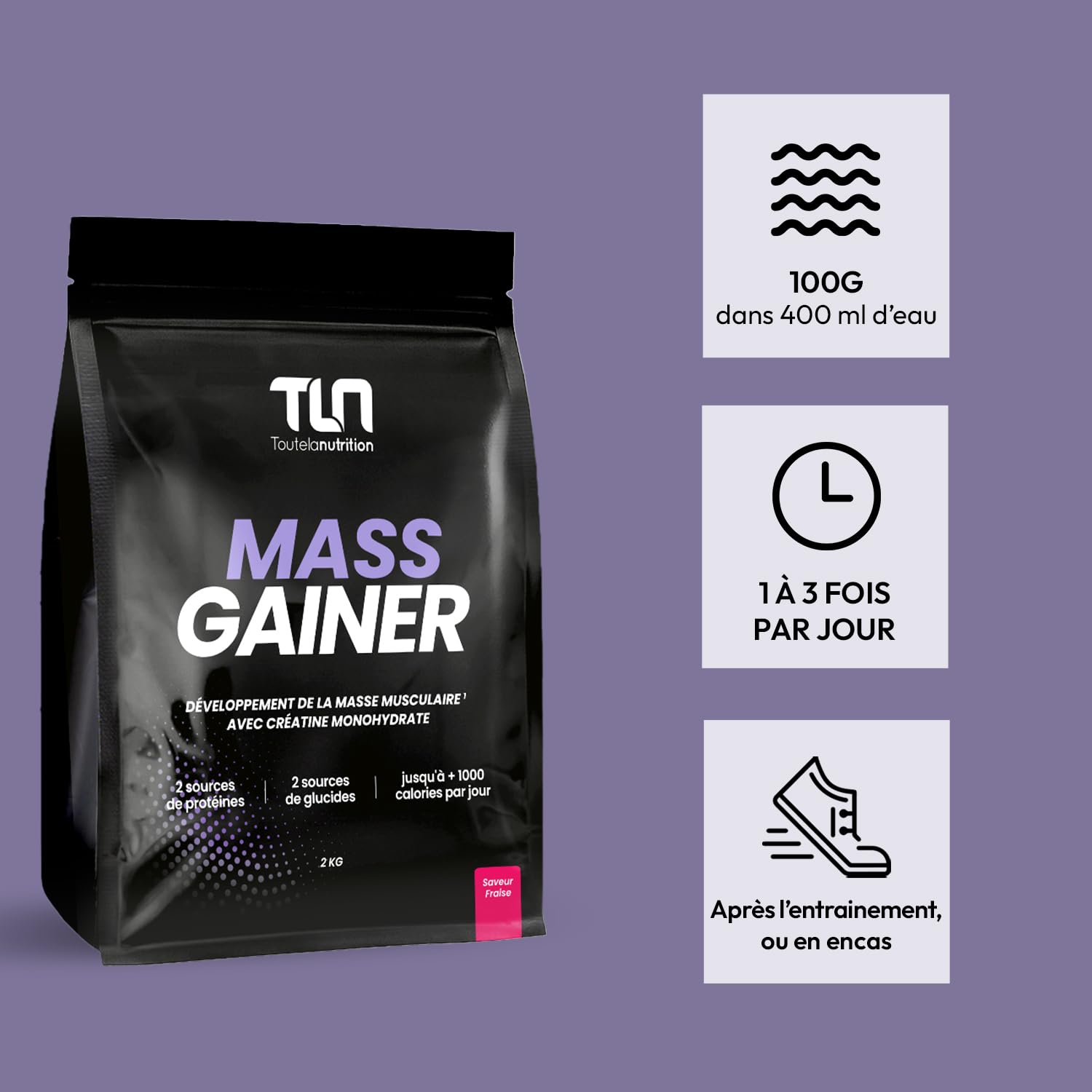 MASS GAINER | Gainer Prise de Masse Musculation | Créatine | +1200 kcal par jour | Protéines Whey & Caséine + Glucides Avoine & Maltodextrine + MCT | 20 Portions par Doypack de 2 kg | Fraise | TLN