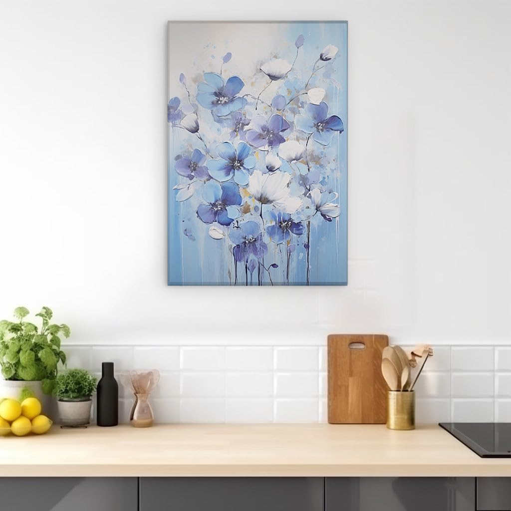 Canvas for Living room. Blooms of Serenity: A Vivid Dance of Blue on Canvas, 27 x 18 inch Canvas Wall Art - Contemporary Masterpieces - Modern Home Decor - 69x46 cm (27x18 inch)