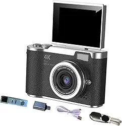 BaotyJie Câmera digital com digital de 8x, câmera de vlog com tela flip de 180° para iniciantes e adultos, Preto