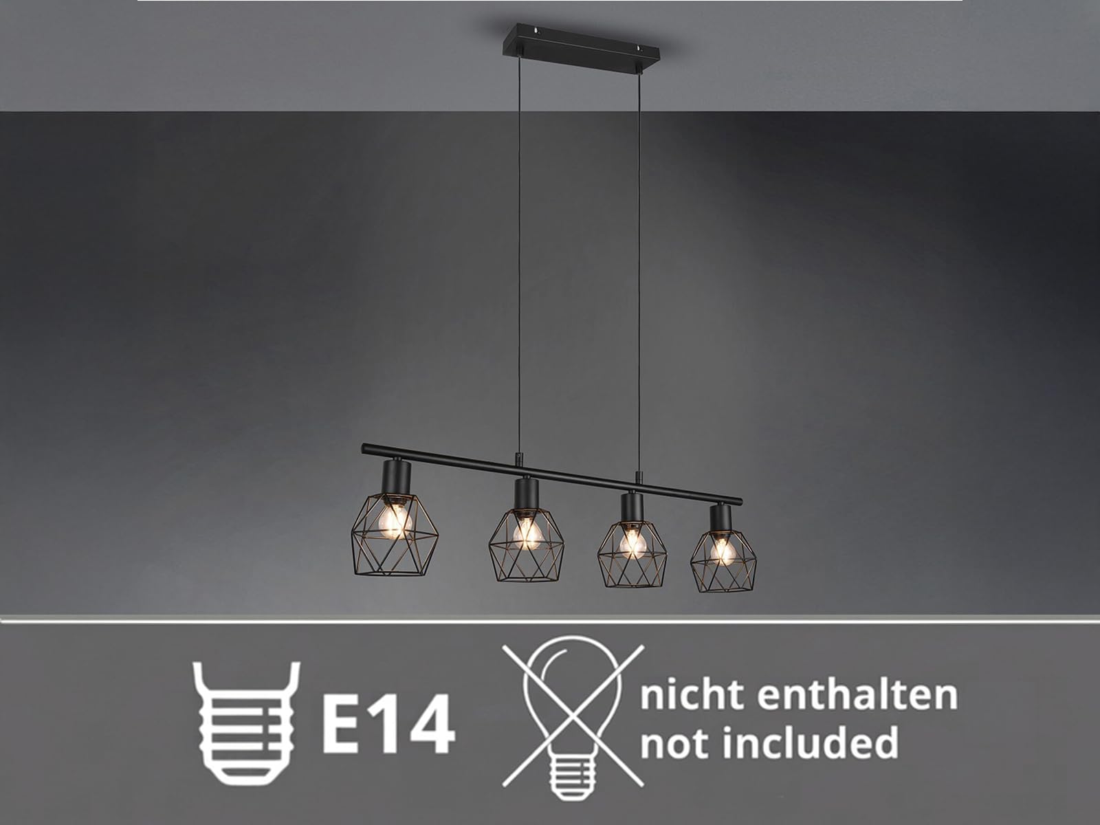 meineWunschleuchte Pendel-Leuchte Industrial Schwarz, für Esszimmertisch, | Breite 75cm, 4-flammig, Retro Gitterlampe ideal über dem Esstisch in Esszimmer und Küche