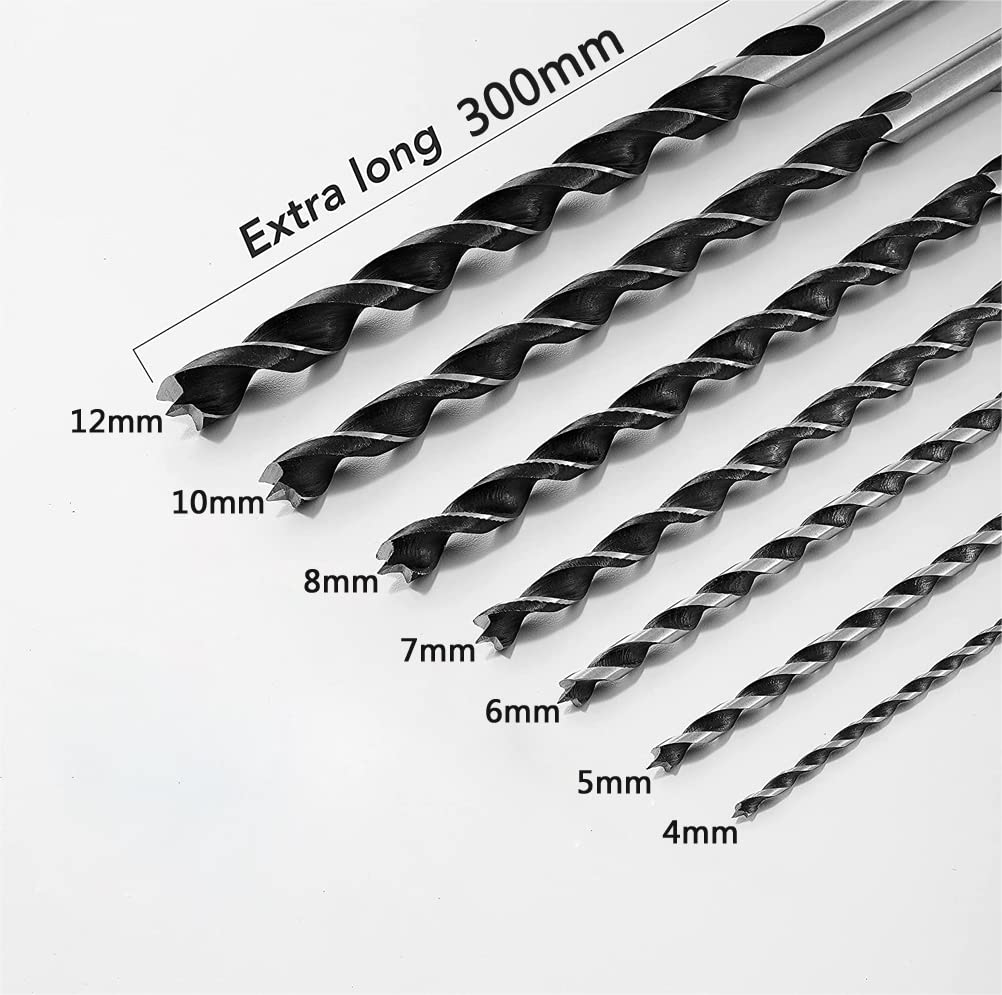 Houtboorset lang, 7-delig slangenboor set, 4 mm, 5 mm, 6 mm, 7 mm, 8 mm