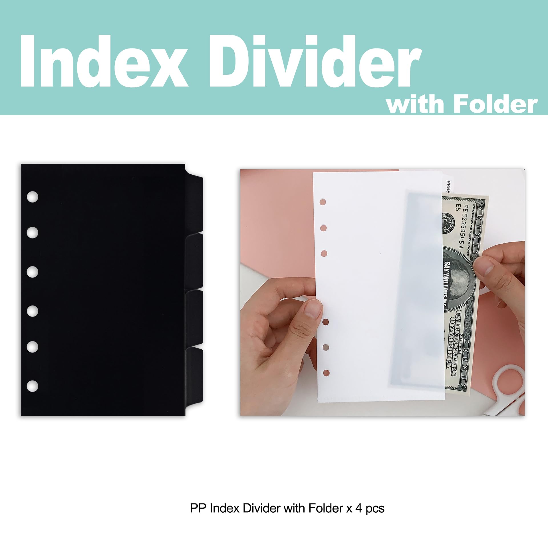 Zelten PP Binder Index Dividers with Folder & 4 Sheets Tab Stickers for Personal Organizer (PP Black 4-Folder Tab, A7/6 Hole) - Image 3
