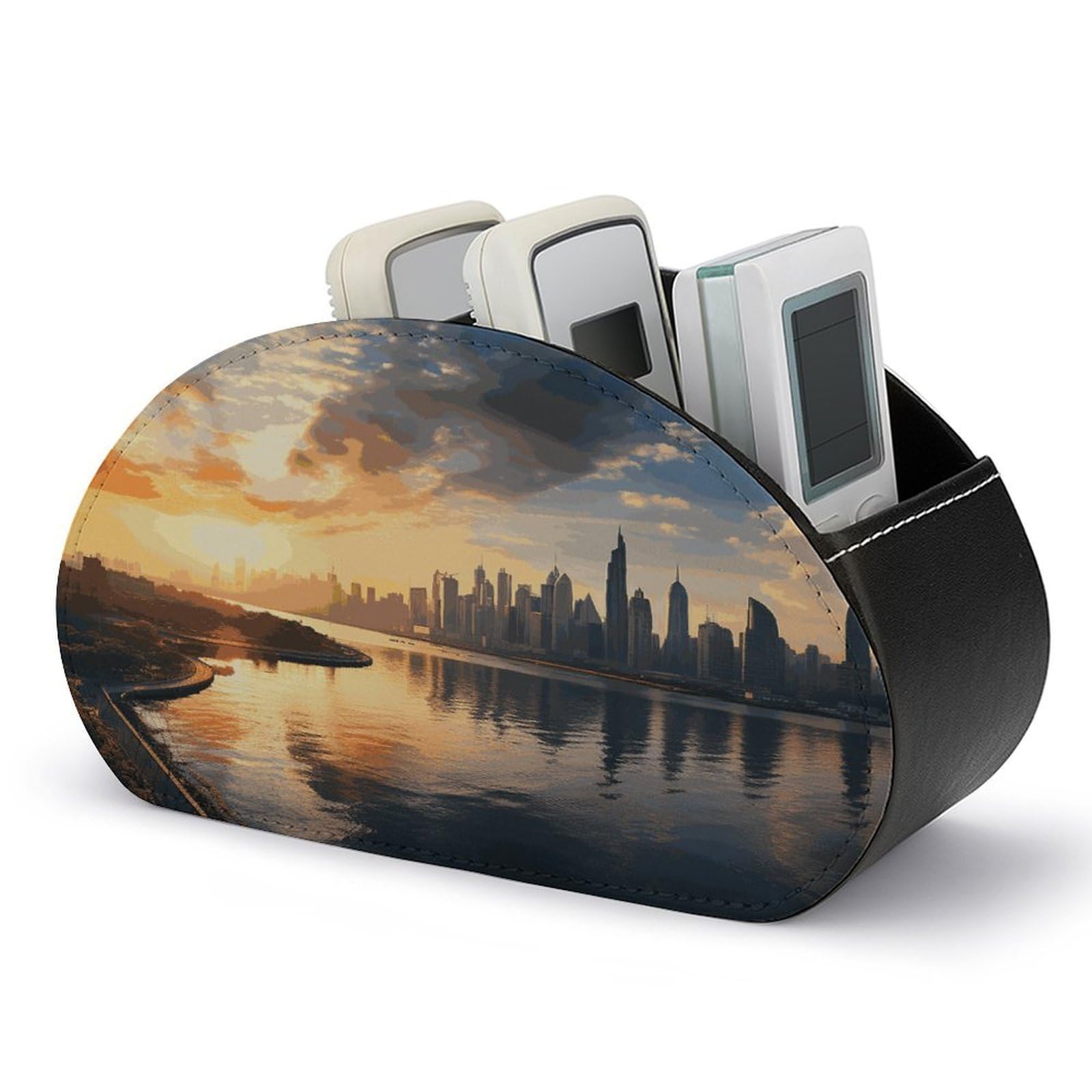 LZQPOEAS New York in The Sunset Remote Control Holder with 5 Compartments PU Leather Remote Organizer Box Caddy for Table Nightstand Remote Caddy Desktop Organizer Fits Media Controllers