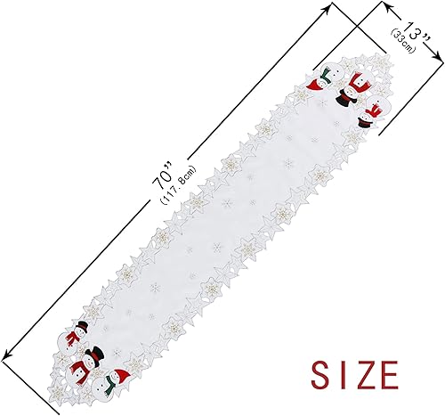 Miniatura 4 de OWENIE Camino de mesa de Navidad de 70 pulgadas de largo, camino de mesa blanco con copos de nieve bordados de muñeco de nieve, centro de mesa de