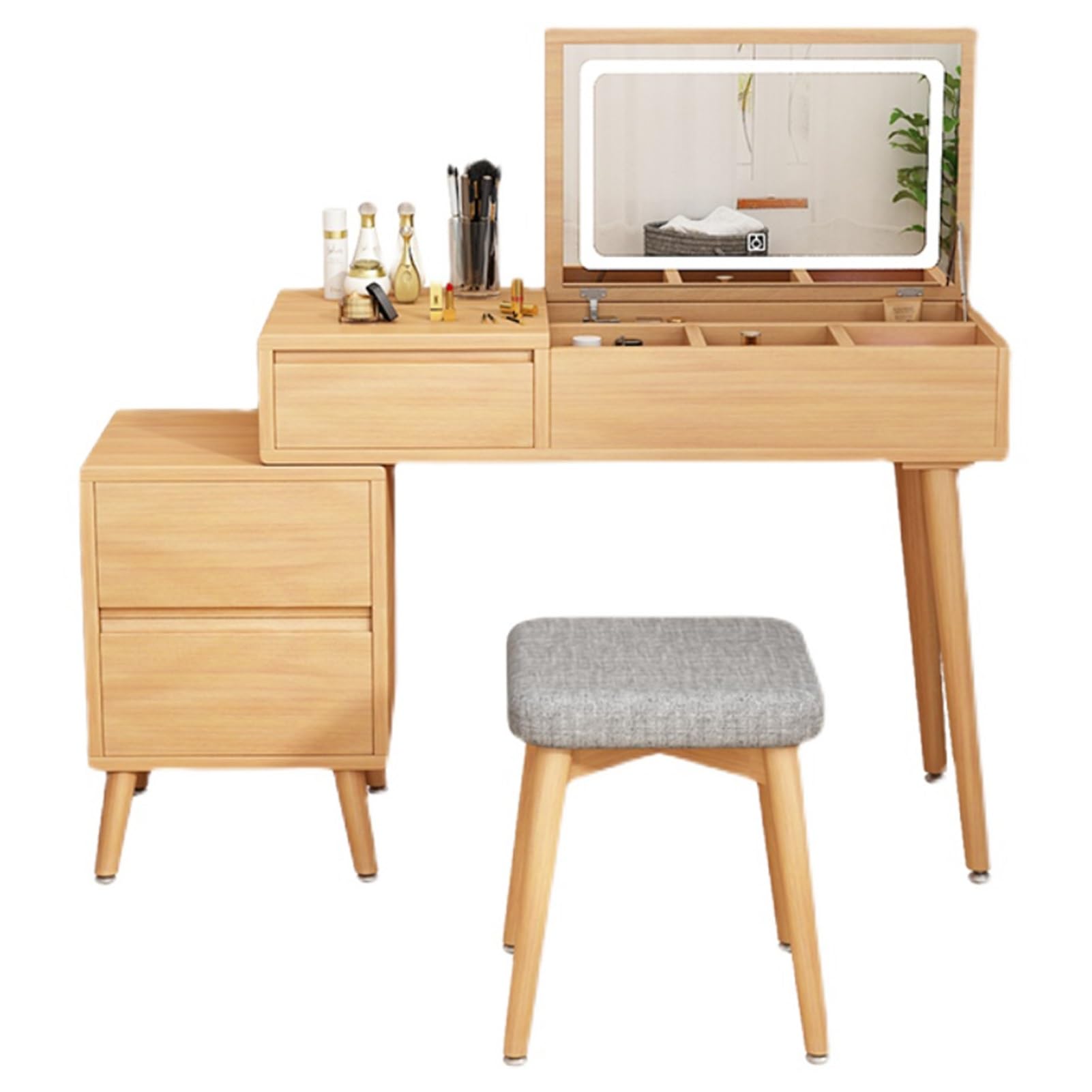 asdchZen - Wooden Makeup Vanity Set With 3-Color Led Lighted Flip Top Mirror Storage Compartments & Cushioned Stool Stylish Makeup Table & Writing Desk