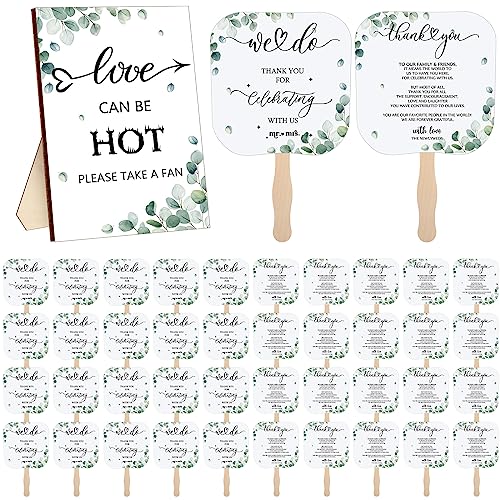 Fumete 100 Pcs Wedding Hand Fans for Guests and Greenery Wedding Guest Sign Handheld Fan wedding favors Portable Paper Fans with Wooden Handle for Wedding Bridal Shower Party Favors Appreciation Gifts