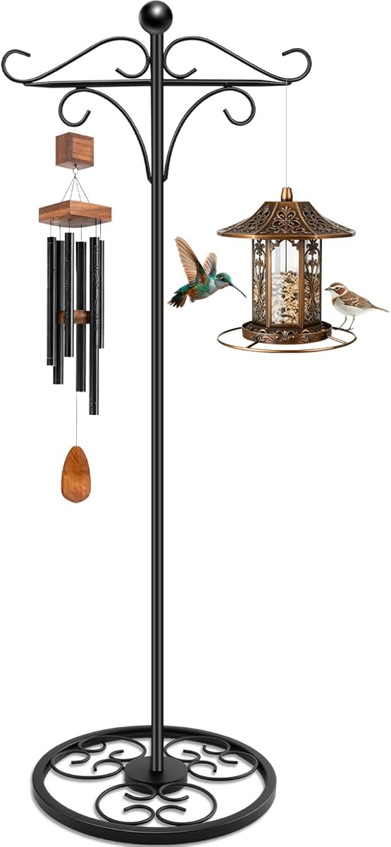 63" Adjustable Shepherd Hook Stand with Round Base Stand for Wind Chime, Bird Feeder, Lantern for Indoor & Outdoor Garden Patio Home Decor. (Double Shepherd's Hook, 63, Inches)