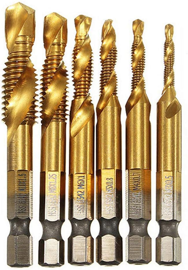 6Pcs Countersink Bit HSS M3-M10 Metric Combination Hex Drill Tap Bit Golden