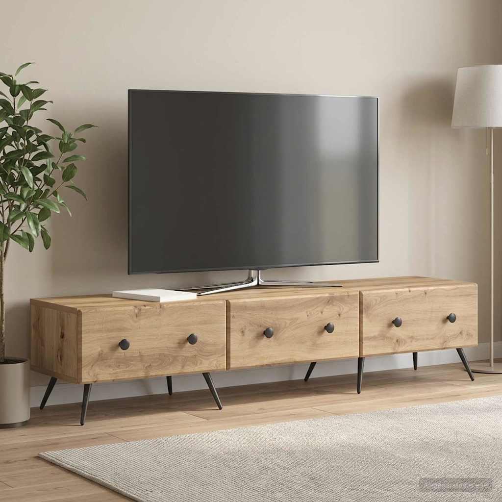 Hothingwell Szafka pod telewizor 147 x 34,5 x 30 cm dąb rzemieślniczy drewno inżynieryjne | Nowoczesny design, półki i szuflady, przechowywanie DVD, uchwyt na ekran, wymagany montaż