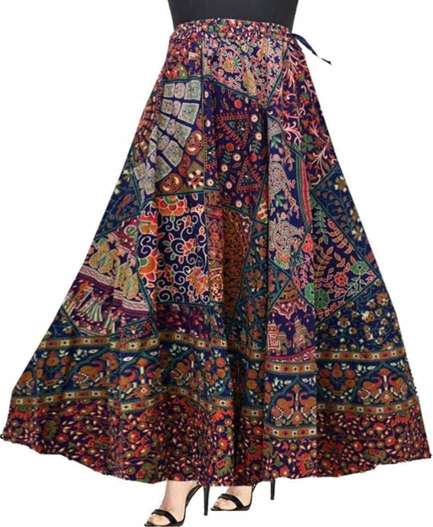 Modern Kart Women's Jaipuri Rajasthani Pure Cotton Wrap Around Maxi Skirt with Elegant Print Blue