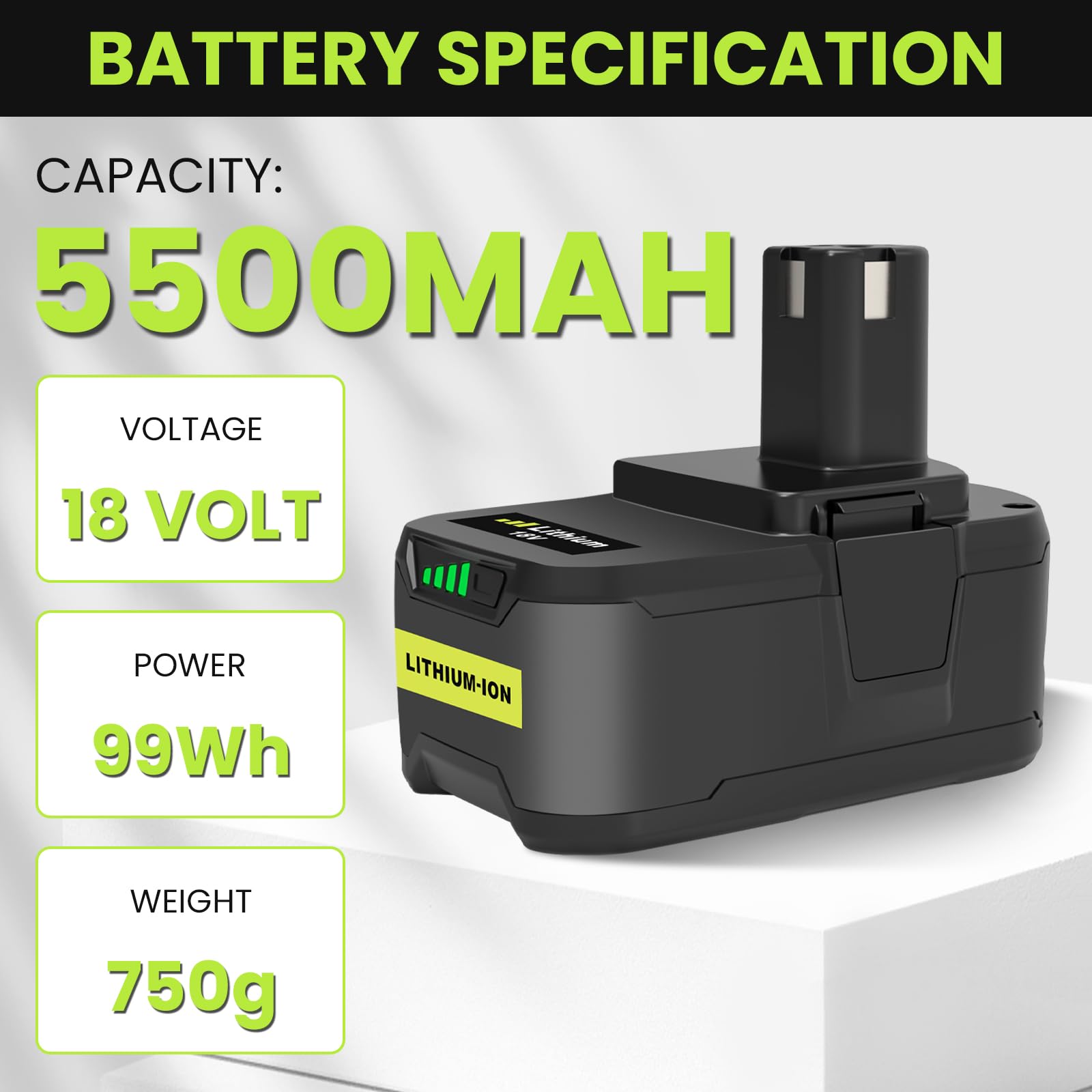 2X 18V 5,5Ah (con Cargador) Batería de Repuesto para Ryobi + Cargador 9,6V-18V 3A para Ryobi P106 P107 P108 P100 P102 P103 P105 Self-LED (Verde)