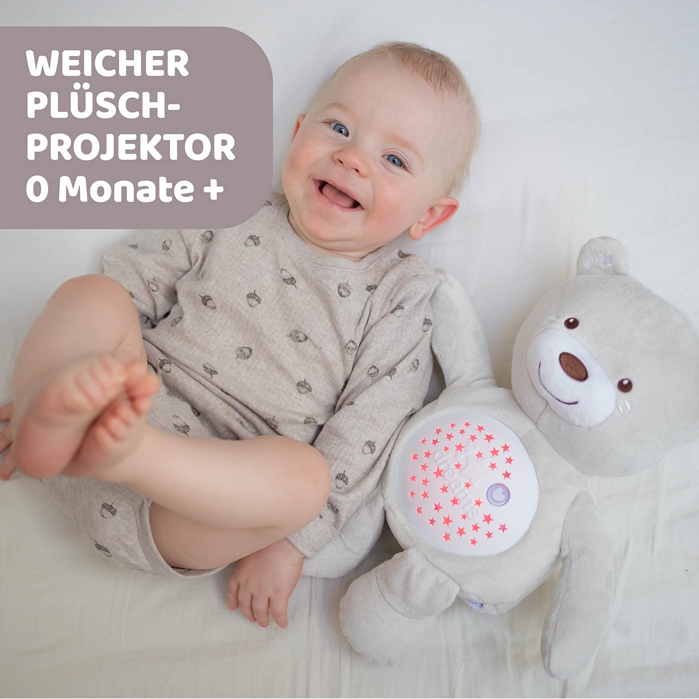 Chicco First Dreams Baby Bär Plüsch-Teddybär, weicher Projektor mit Nachtlicht, Lichteffekten und entspannenden Melodien, Beige - Kinderspielzeug 0+ Monate