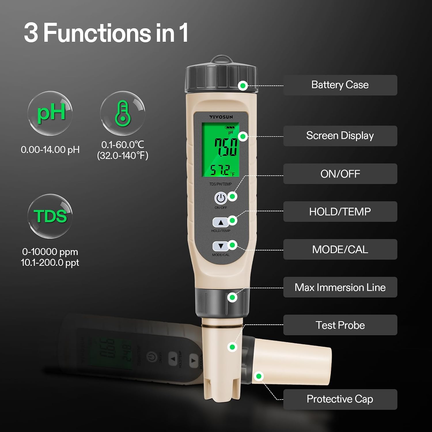 VIVOSUN 3-in-1 Digital pH Meter with ATC, ±0.1 pH Accuracy Water Quality Tester, 0-14.0 pH Measurement Range for Hydroponics, Household Drinking, Pool and Aquarium