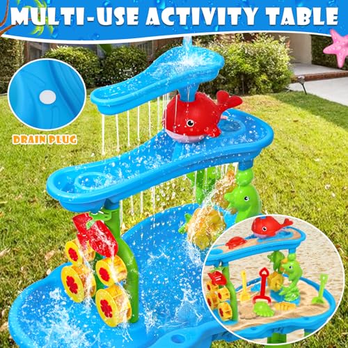 AOKESI Water Table for Toddlers 1-3,Outdoor Kids Water Play Table Rain Showers Splash Pond Sand, 3-Tier Sensory Activity Sand Table, Summer Beach Backyard Activities Water Toys for Toddlers Boys Girls - Thumbnail 3