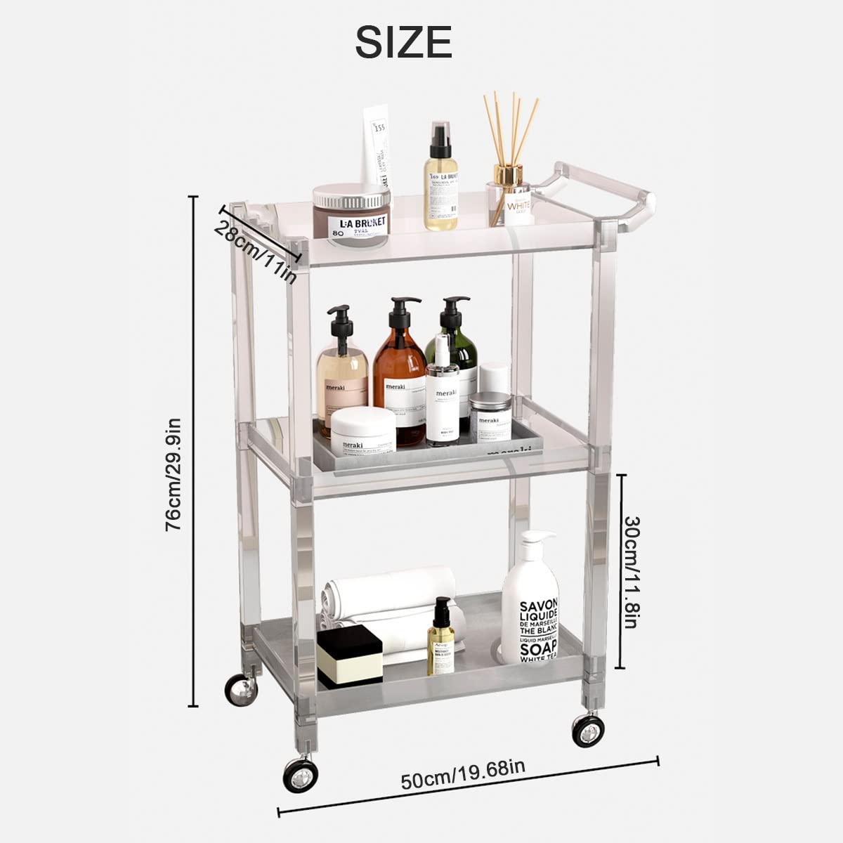 Carrito de cocina rodante de 3 niveles con asa y ruedas, fácil de montar, para manualidades, para baño, color azul