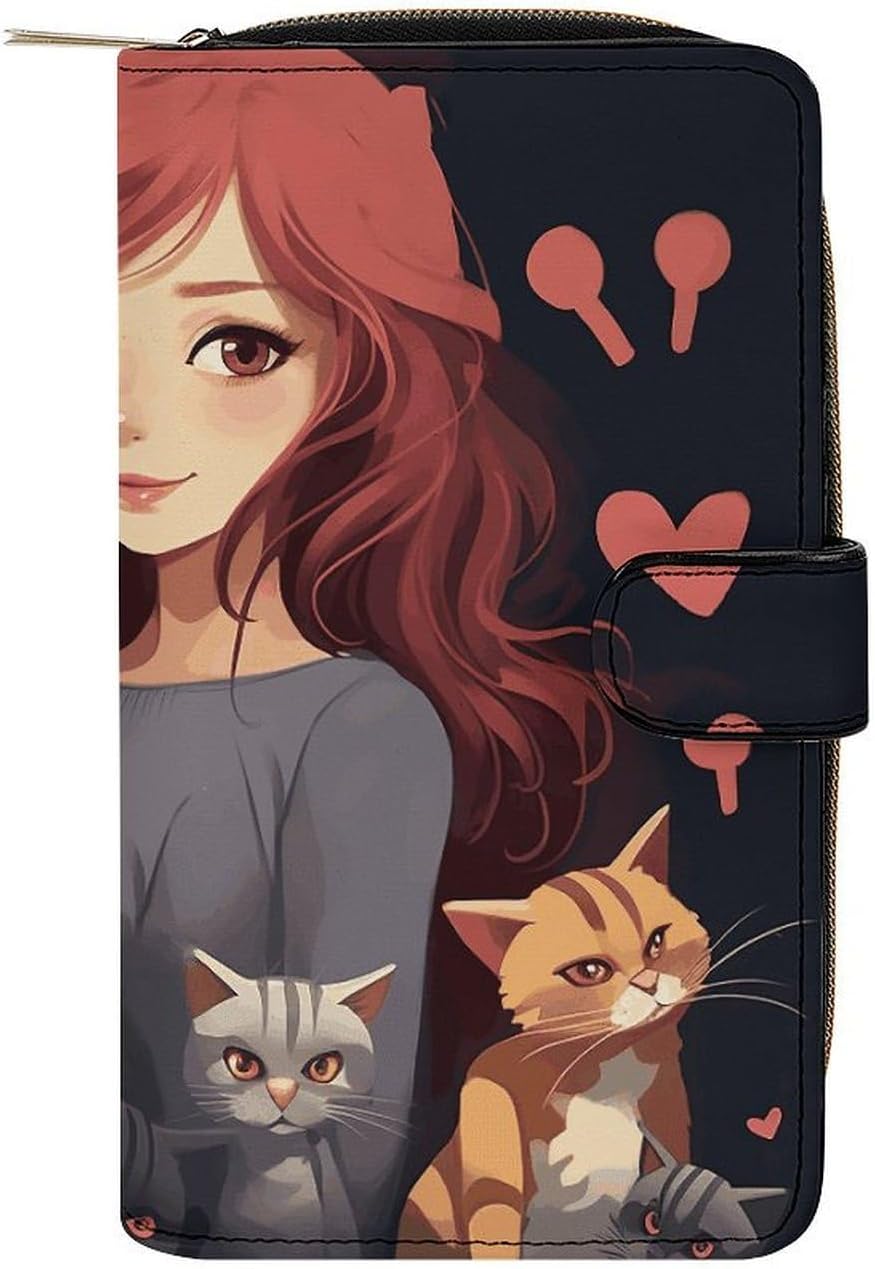 Genuine Leather Multi-Functional Wallet - Compact Card Holder, A Girl Who Loves Cats Printed Coin Purse & Key Organizer,Perfect for Travel, Work & Daily Use