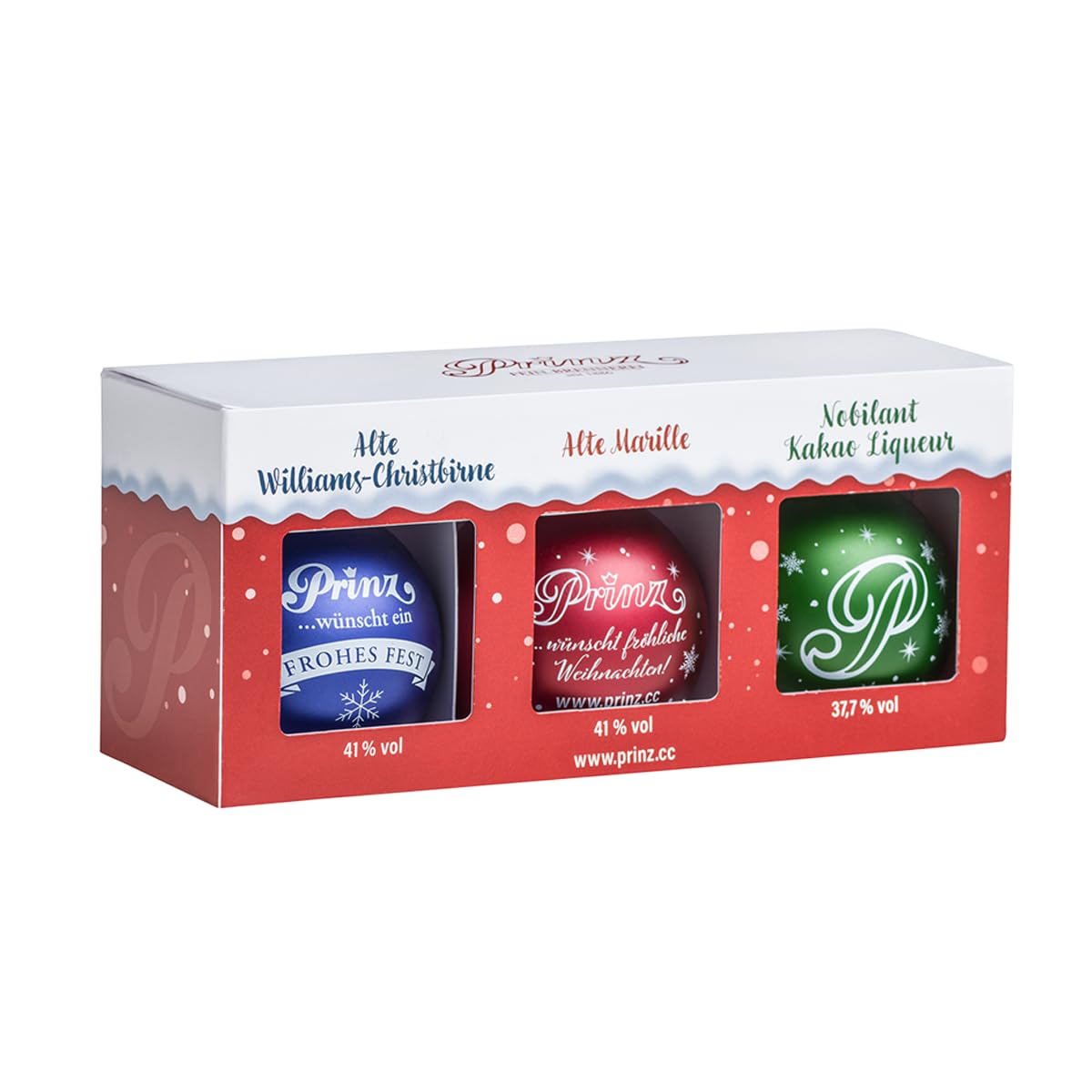 Prinz 3er Box Christbaumkugeln | Gefüllt mit edlem Schnaps & Likör | Weihnachtsdeko & Geschenkidee mit Alkohol | Originelle Schnapskugeln zum Aufhängen (3er Box Rot)