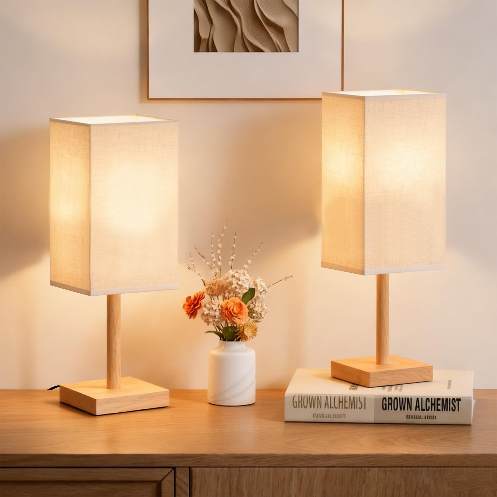 Lot de 2 lampes de chevet design rétro, lampes de chevet, 3 niveaux de luminosité réglables, blanc chaud, abat-jour en lin, lampe de table pour chambre et salon, gris