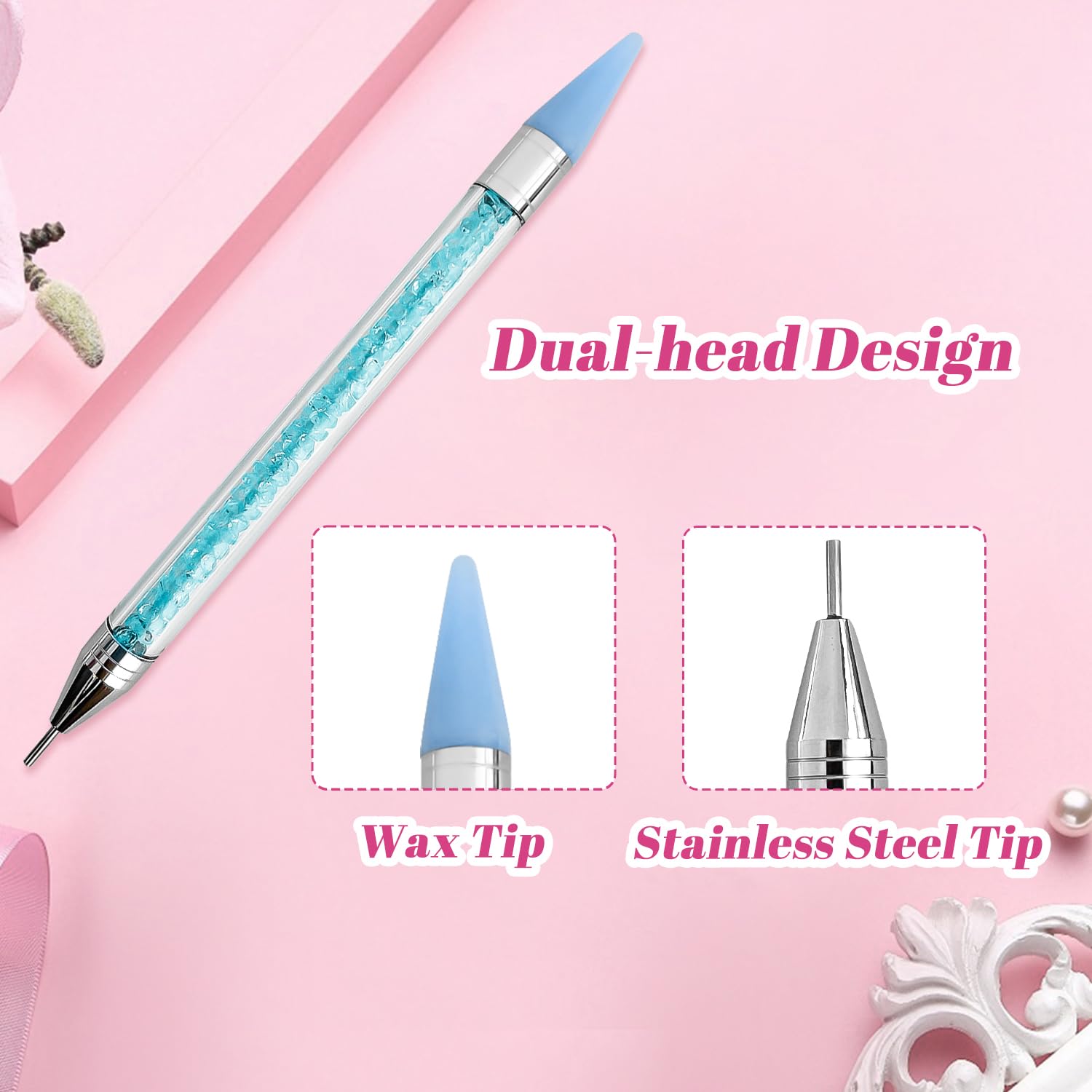3 Pezzi Penna Strass, Applicatore Strass | Picker Strass Doppia Punta | Penna Cera per Nail Art DIY (Bianco, Nero, Blu)