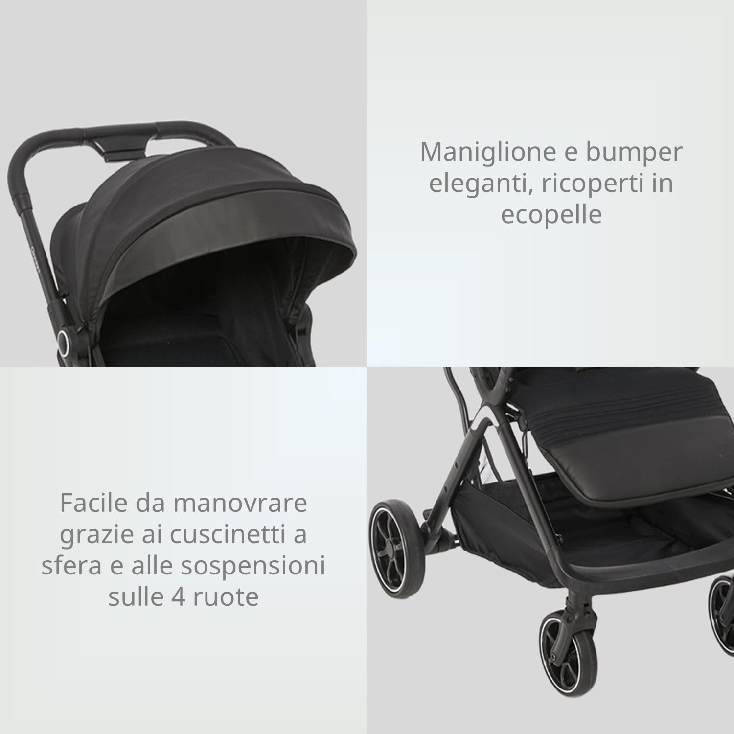 Giordani G-Touch Passeggino Leggero 6.9 kg, Chiusura Automatica One-Touch, da 0 Mesi a 22 kg,Seduta Imbottita, Ruote con Sospensioni e Dettagli in Ecopelle, Compatto e Salvaspazio, Nero