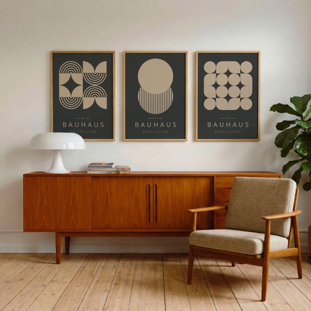 ARTINSPIRIO Bauhaus Ausstellung Poster-Set, 3 Stück, Geometrisches Design, Neutrale Farben, Ohne Rahmen, Wanddekoration (A2)