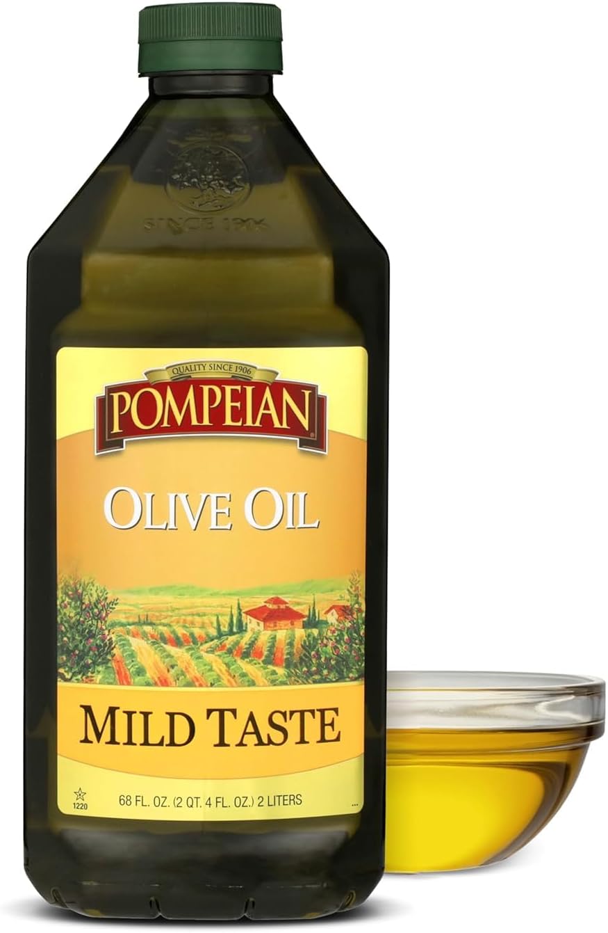 Pompeian Mild Taste Olive Oil - 68 fl oz - 2 L - Olive Oil for High Heat Cooking - Mild Flavor for Baking and Sauteing - High Smoke Point