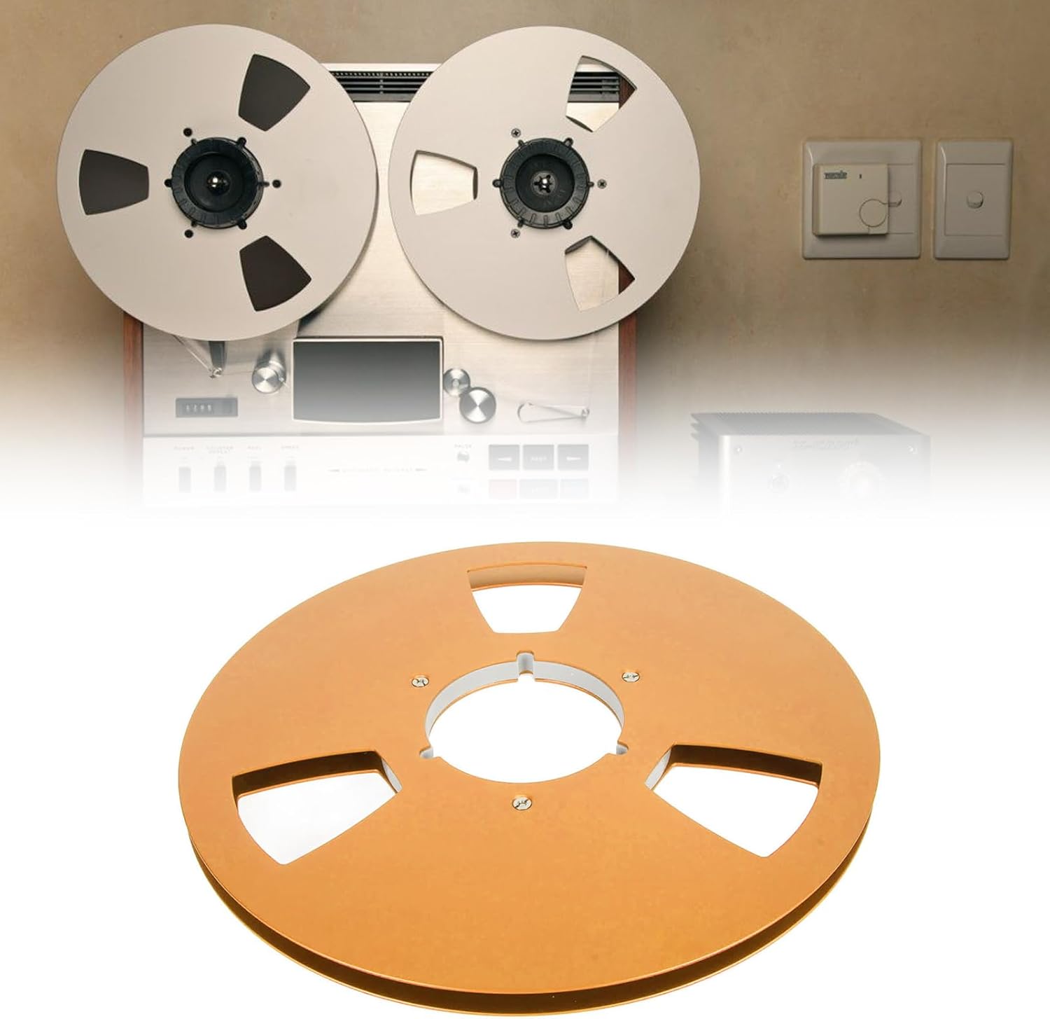 BORDSTRACT 10 Inch 1/4 Inch Tape Reel Open Reel,3 Wind Resistance Holes Empty Tape Reel for Recording Aluminum Alloy Take Up Reel for Professional Sound Durability(gold)