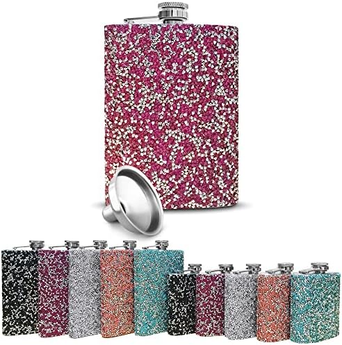 Bling Stuff For Fun Rhinestone Flask for Women - Bedazzled Stainless Steel Hip Flask for Girls Funnel Included - Hinged Screw-On Flask Cap - Personalized Wedding & Bachelorette Party Favors(9oz,Purple