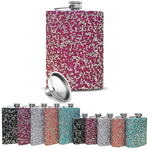 Bling Stuff For Fun Rhinestone Flask For Women - Bedazzled Stainless Steel Hip Flask For Girls Funnel Included - Hinged Screw-On Flask Cap - Personalized Wedding & Bachelorette Party Favors(9Oz,Purple #TOP21