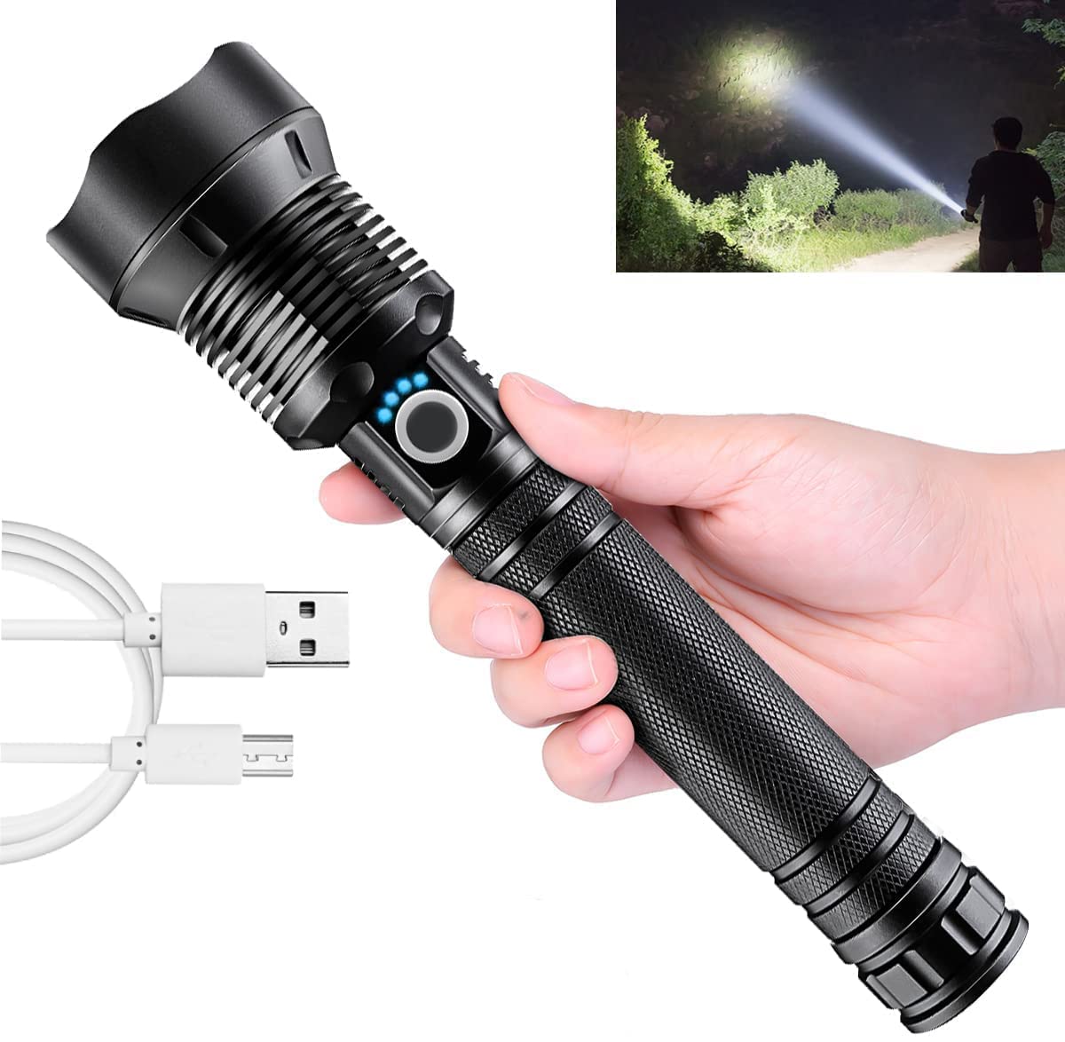 Flashlight Led USB Rechargeable, 10000 lumens Battery Torch Light XHP70, Super Bright Tactical Flashlights, IPX7 Waterproof Zoomable, for Outdoor Camping Hiking Emergency