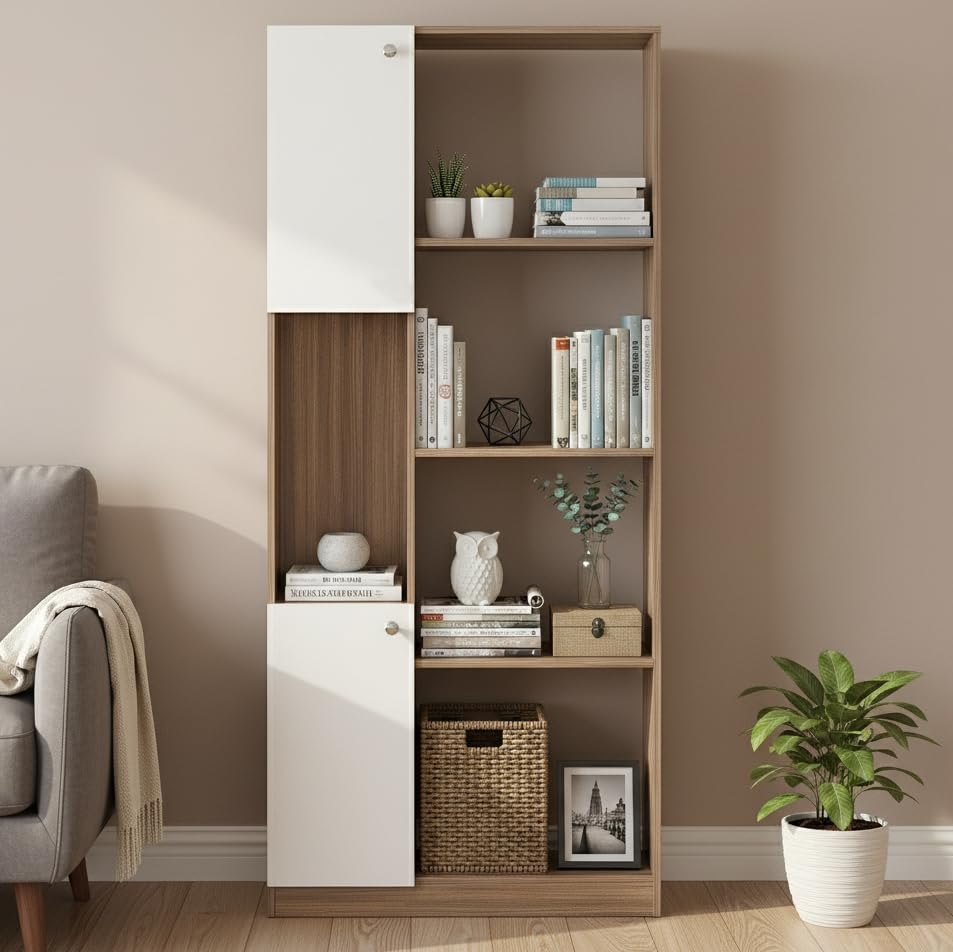 Image of FURNEASER Bookaura Wooden Bookshelf with Doors, Multipurpose Bookcase Storage Organizer for Living Room Modern Wooden Book Shelf Cabinet, Display Rack for Books & Decor (Exotic Teak & White)