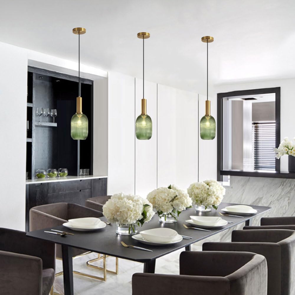 Lampada a sospensione in stile minimalista nordico, lampadario in vetro a strisce verdi, sorgente luminosa E26 lampada a ad altezza regolabile, apparecchi di illuminazione