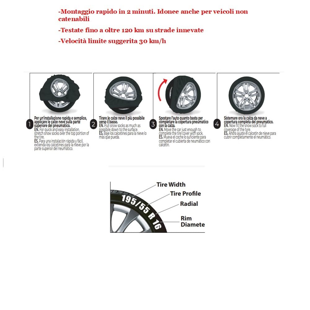 CALZE DA NEVE 255/45 R19 PNEUMATICI CON CERCHIO 19 MISURA XL 1 COPPIA CALZA PER NEVE GHIACCIO OMOLOGATA PER AUTO, SUV, 4×4, FURGONI SET ANTI-SLITTAMENTO MONTATE SULLE RUOTE MOTRICI MAX 30KM/H